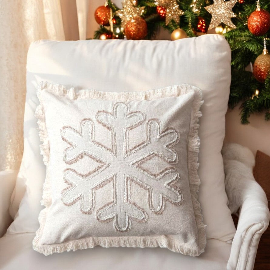 Square Woven Cotton & Linen Pillow with Snowflake Embroidery and Fringe - 18-in - Mellow Monkey