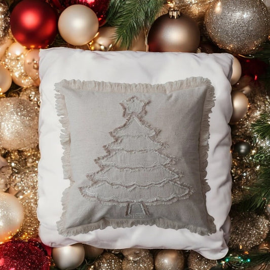 Square Woven Cotton & Linen Pillow with Christmas Tree Embroidery and Fringe - 18-in - Mellow Monkey