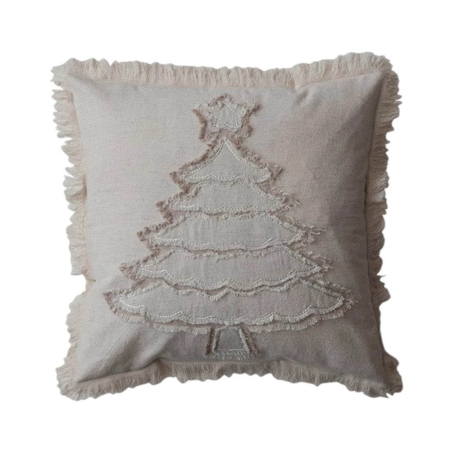 Square Woven Cotton & Linen Pillow with Christmas Tree Embroidery and Fringe - 18-in - Mellow Monkey