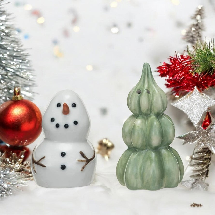Stoneware Snowman and Tree Salt and Pepper Shakers - 3-1/2-in - Mellow Monkey