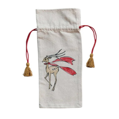 Holiday Image Cotton Drawstring Wine Bag - Mellow Monkey