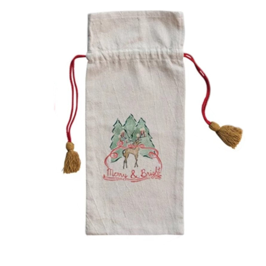 Holiday Image Cotton Drawstring Wine Bag - Mellow Monkey