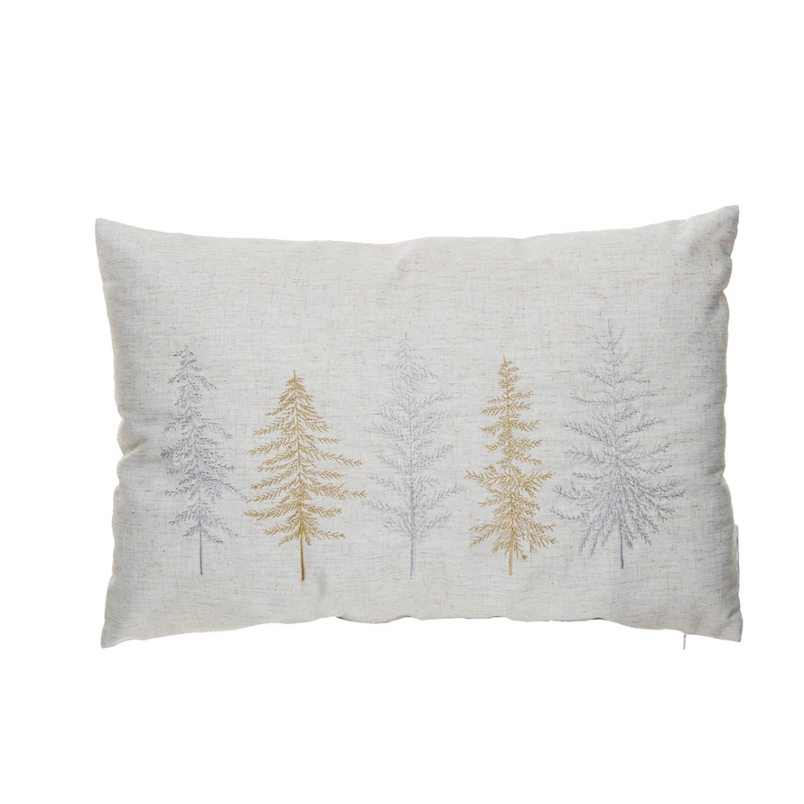 Fabric Blend Lumbar Pillow with Metallic Embroidered Trees - 22-in - Mellow Monkey