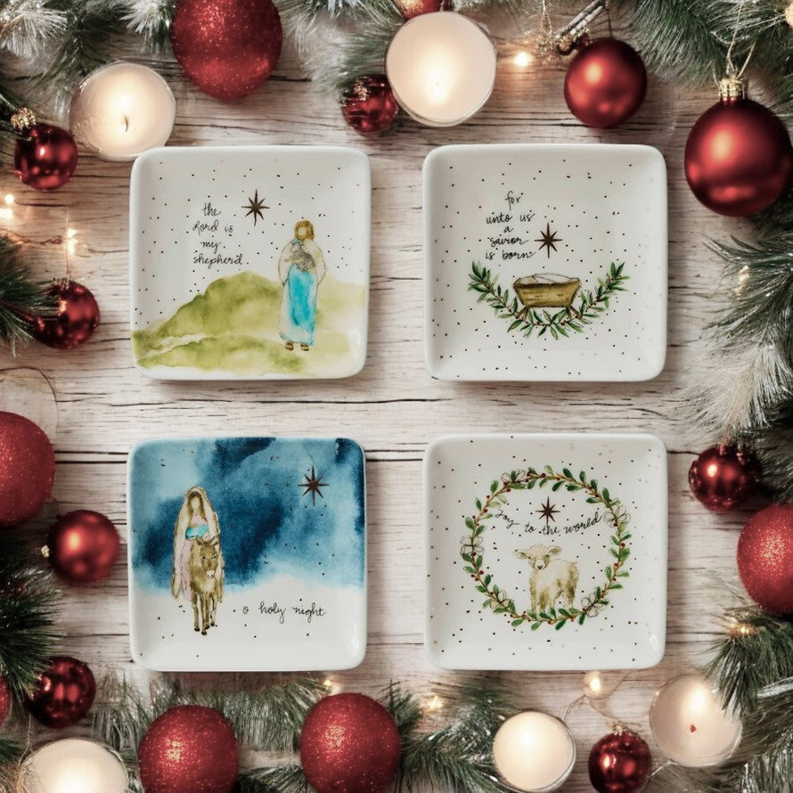 Classic Christmas Motif Square Stoneware Dish - 3-in - Mellow Monkey