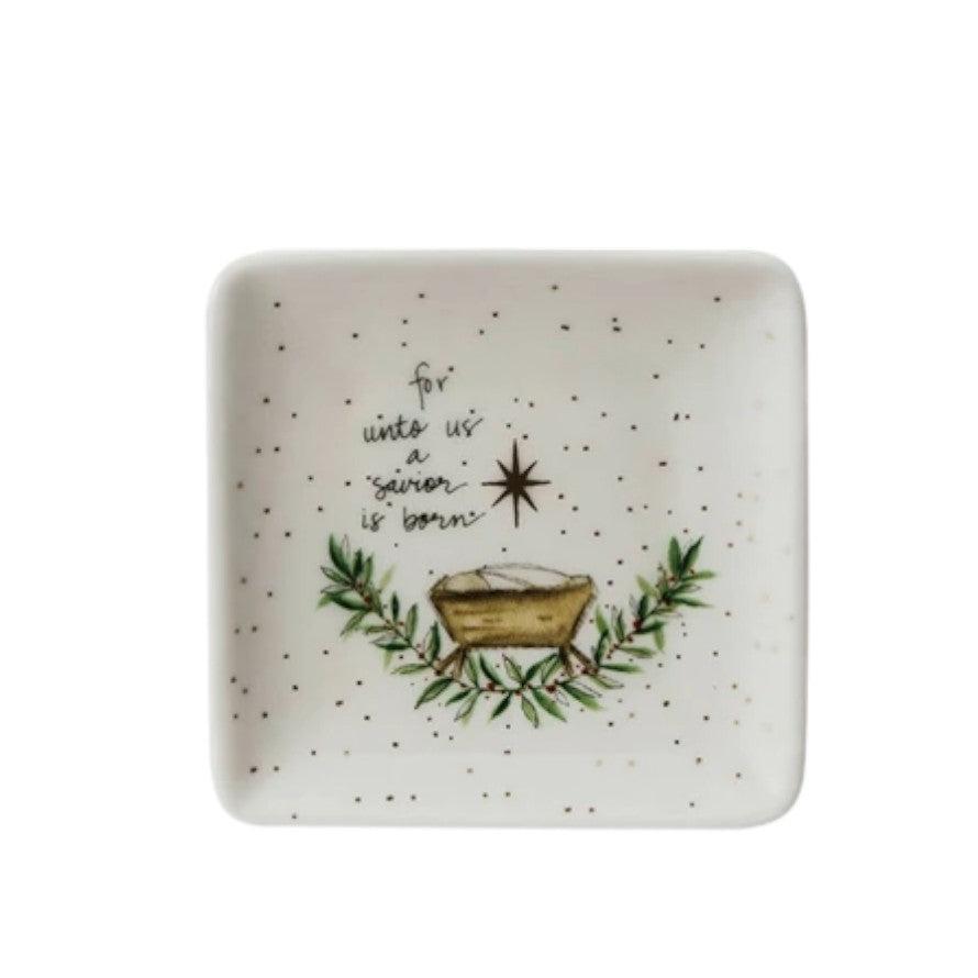 Classic Christmas Motif Square Stoneware Dish - 3-in - Mellow Monkey