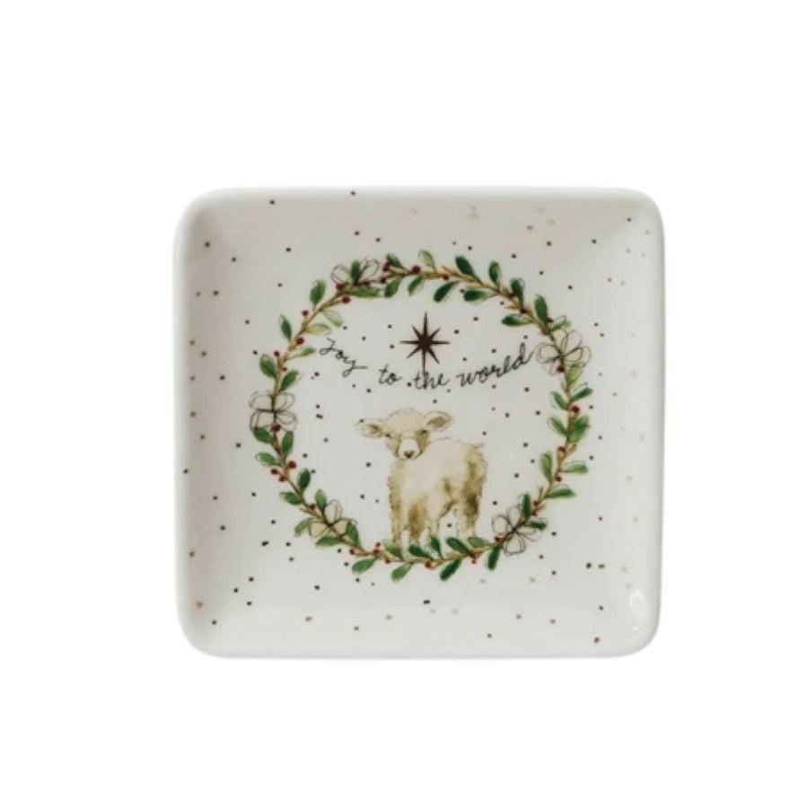 Classic Christmas Motif Square Stoneware Dish - 3-in - Mellow Monkey