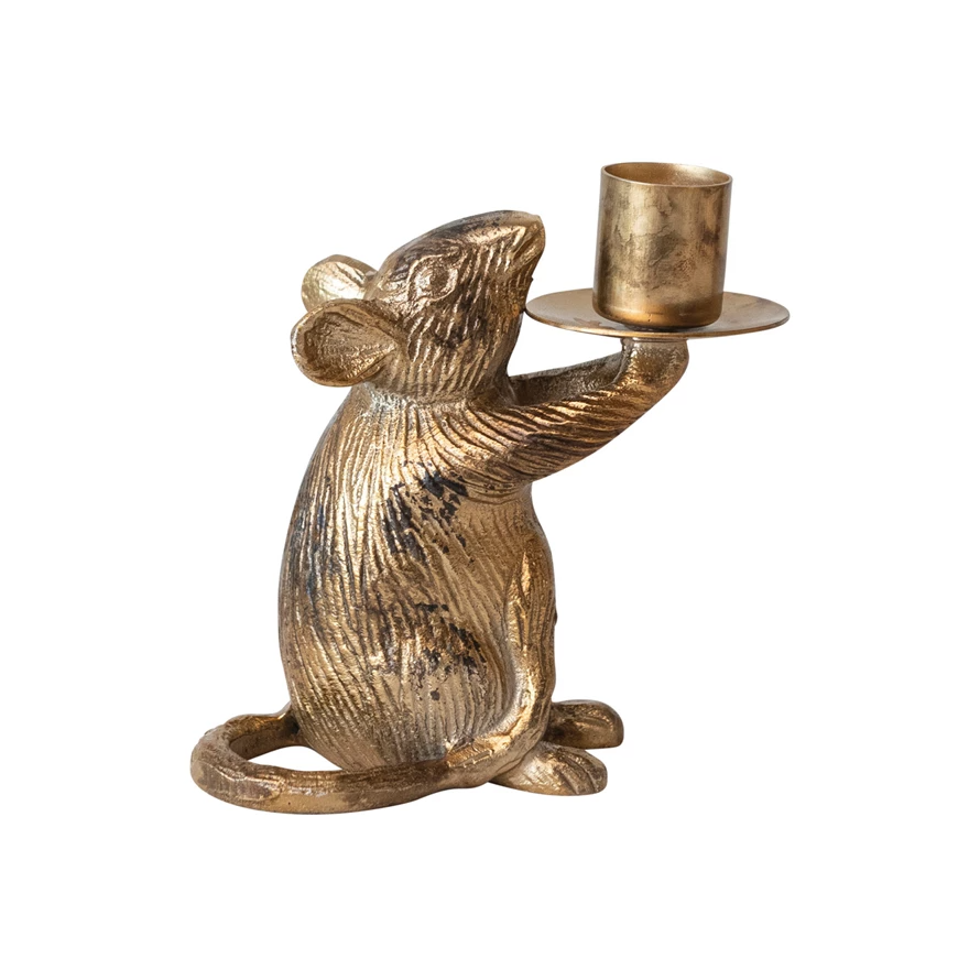 Antique Gold Finish Mouse Taper Holder - Mellow Monkey