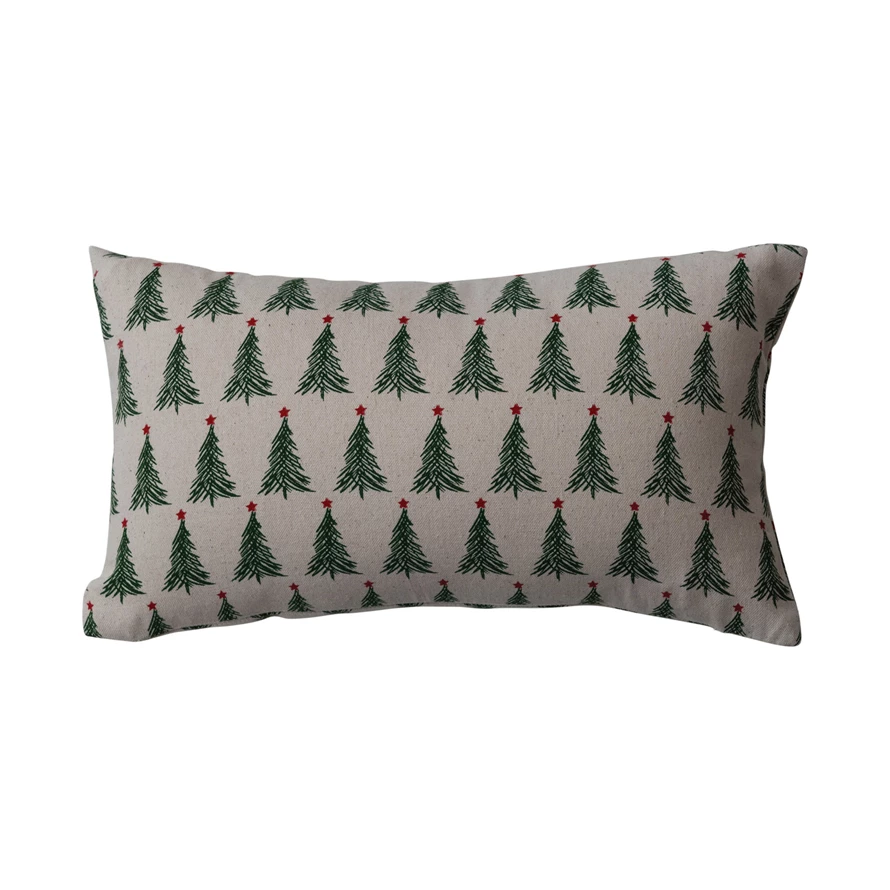 Stonewashed Cotton Christmas Tree Pattern Lumbar Pillow - 16-in - Mellow Monkey