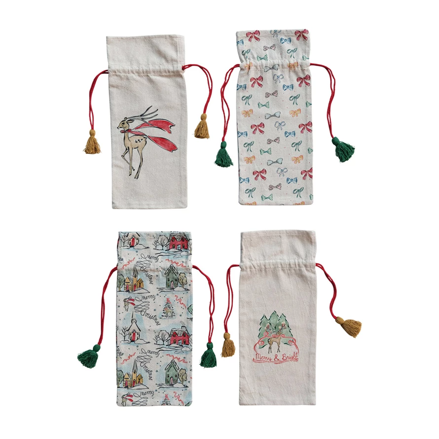 Holiday Image Cotton Drawstring Wine Bag - Mellow Monkey