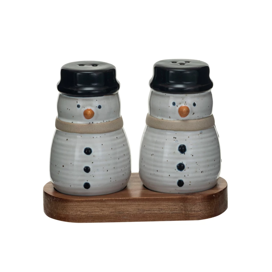 Ceramic Snowmen Salt and Pepper Shakers on Wood Tray - 3-3/4-in - Mellow Monkey