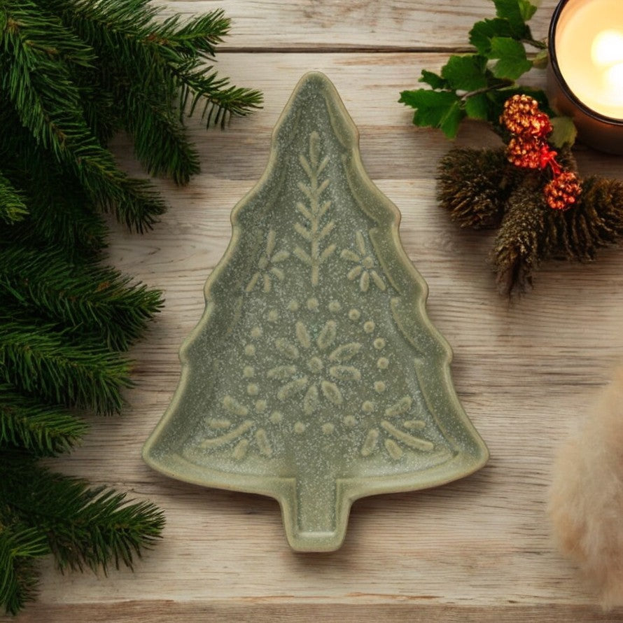 Stoneware Tree Shaped Plate with Green Matte Reactive Glaze - 5-3/4-in - Mellow Monkey