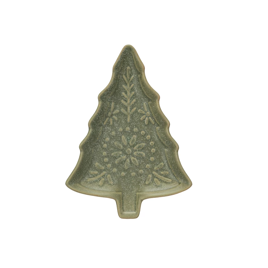 Stoneware Tree Shaped Plate with Green Matte Reactive Glaze - 5-3/4-in - Mellow Monkey