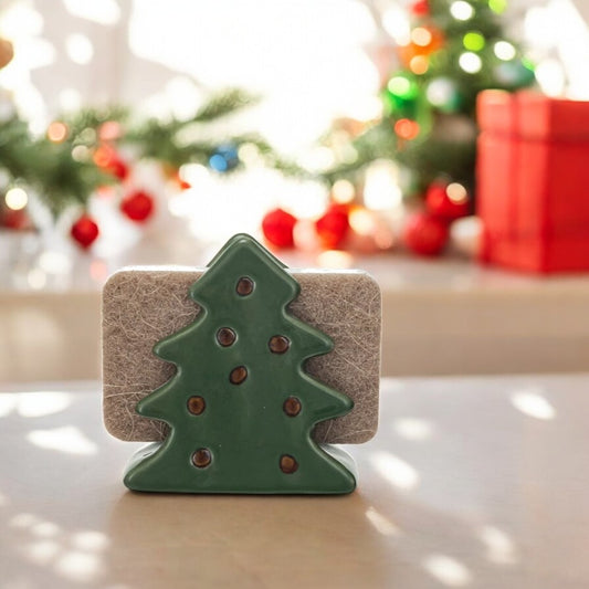 Stoneware Christmas Tree Shaped Sponge Holder with Sponge - Mellow Monkey