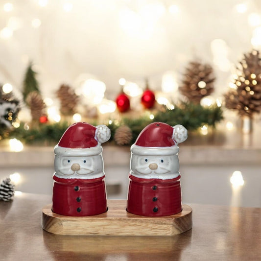 Ceramic Santa Salt and Pepper Shakers on Wood Tray - 3-3/4-in - Mellow Monkey