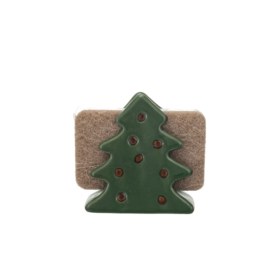 Stoneware Christmas Tree Shaped Sponge Holder with Sponge - Mellow Monkey