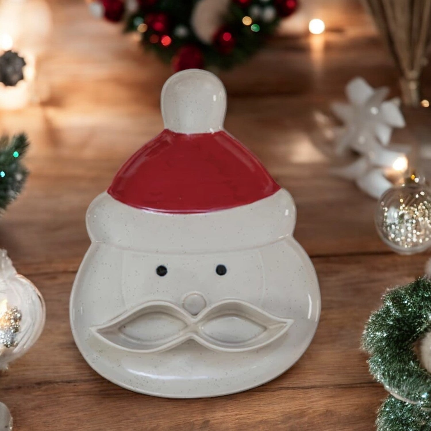 Stoneware Santa Head Shaped Platter with Mustache Dish - 12-in - Mellow Monkey