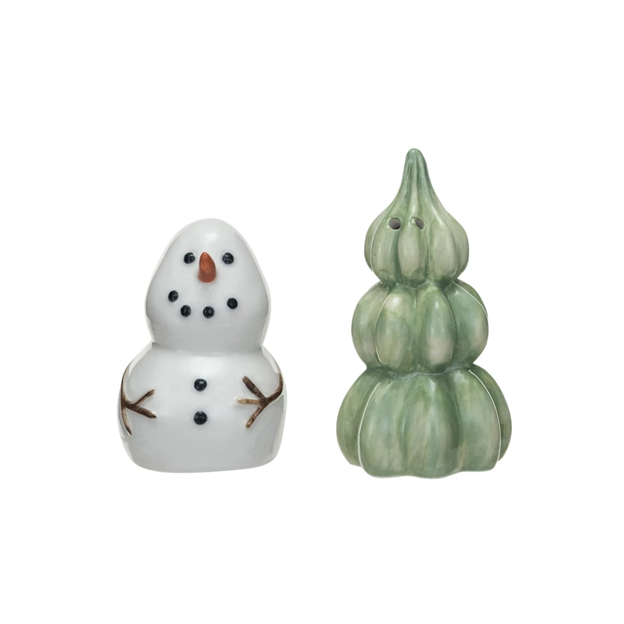 Stoneware Snowman and Tree Salt and Pepper Shakers - 3-1/2-in - Mellow Monkey