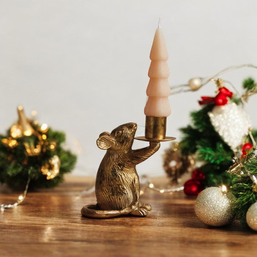 Antique Gold Finish Mouse Taper Holder - Mellow Monkey