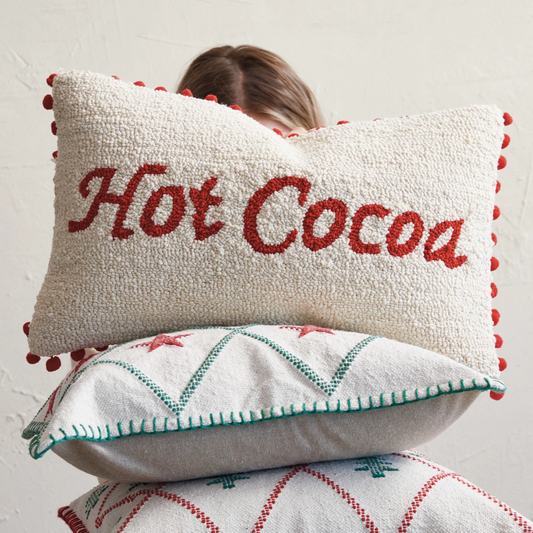 Hot Cocoa - Cotton Blend Tufted Lumbar Pillow with Pom Pom Trim - 20" - Mellow Monkey