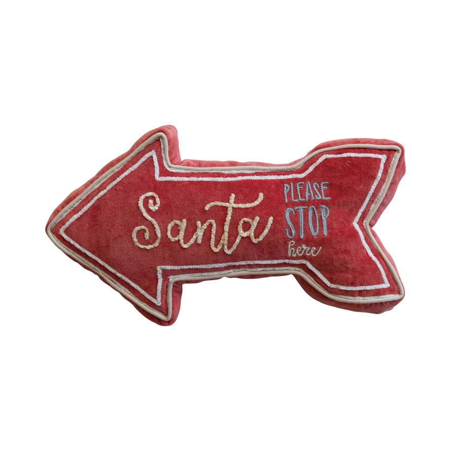 Santa Please Stop Here - Cotton Velvet Arrow Shaped Lumbar Pillow - 16-in - Mellow Monkey