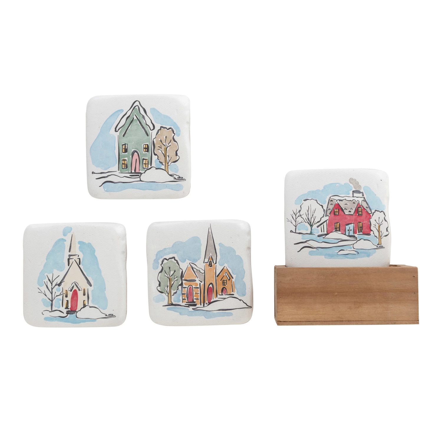 Resin Coasters with Houses in Wood Box - Set of 4 - 4" - Mellow Monkey