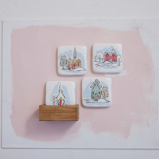 Resin Coasters with Houses in Wood Box - Set of 4 - 4" - Mellow Monkey