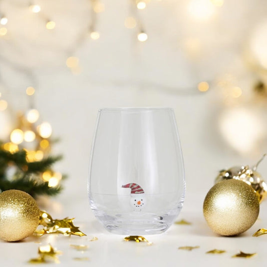 Snowman Head - Stemless Wine Glass with Holiday Figure Inside - 12-oz. - Mellow Monkey