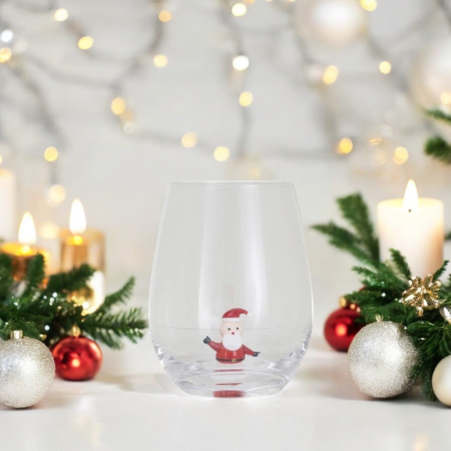 Santa - Stemless Wine Glass with Holiday Figure Inside - 12-oz. - Mellow Monkey