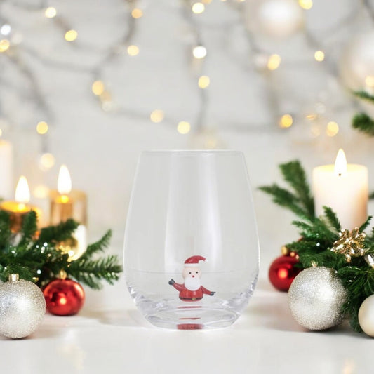 Santa - Stemless Wine Glass with Holiday Figure Inside - 12-oz. - Mellow Monkey