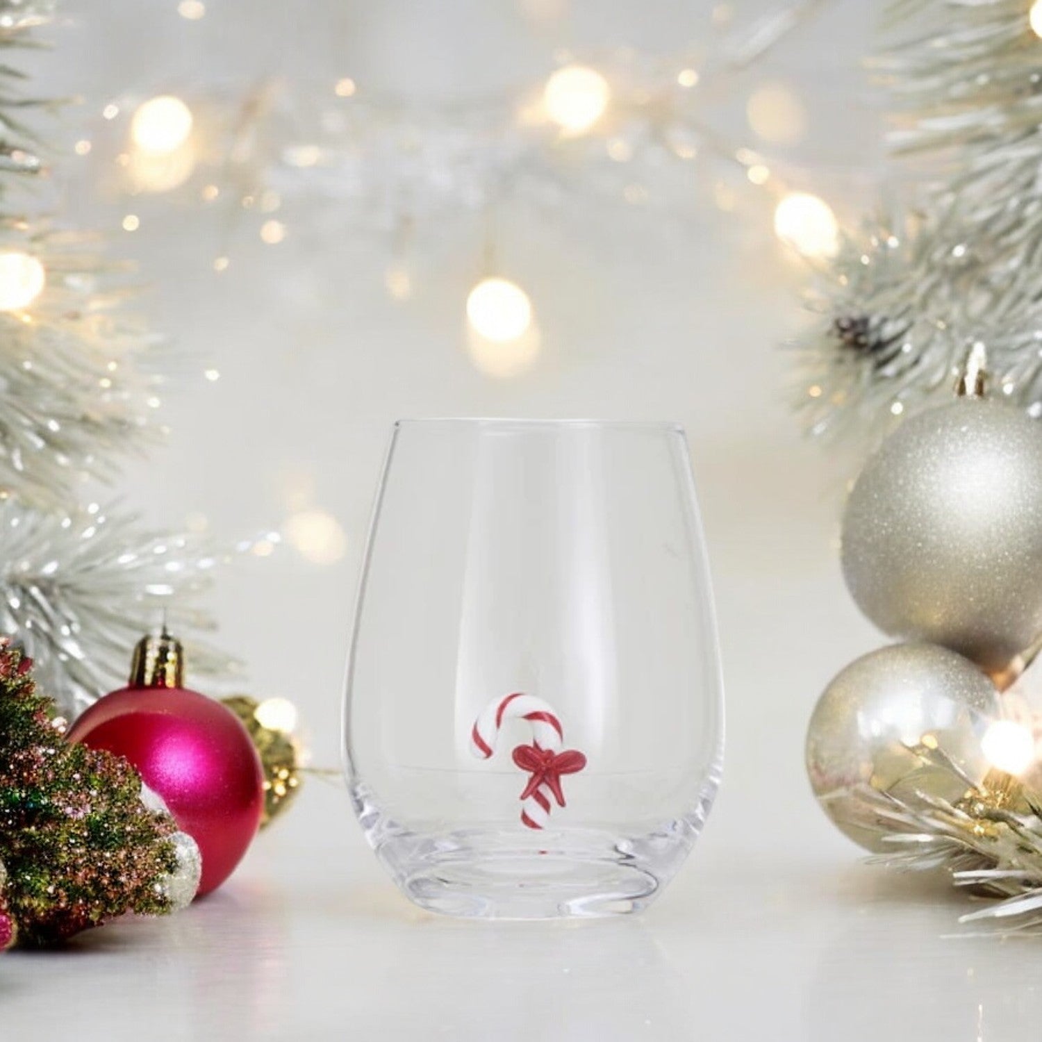 Candy Cane - Stemless Wine Glass with Holiday Figure Inside - 12-oz. - Mellow Monkey