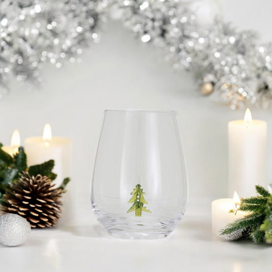 Christmas Tree - Stemless Wine Glass with Holiday Figure Inside - 12-oz. - Mellow Monkey