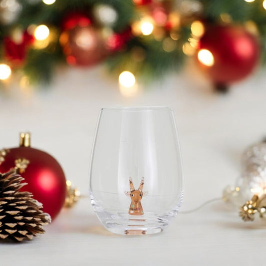 Reindeer - Stemless Wine Glass with Holiday Figure Inside - 12-oz. - Mellow Monkey