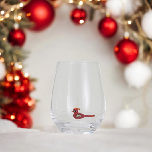 Cardinal - Stemless Wine Glass with Holiday Figure Inside - 12-oz. - Mellow Monkey