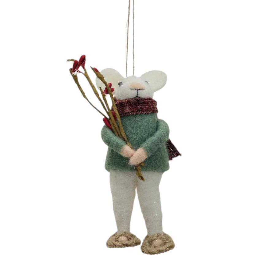 Wool Felt Mouse in Winter Outfit Ornament with Snowball/Firewood - 5-in - Mellow Monkey