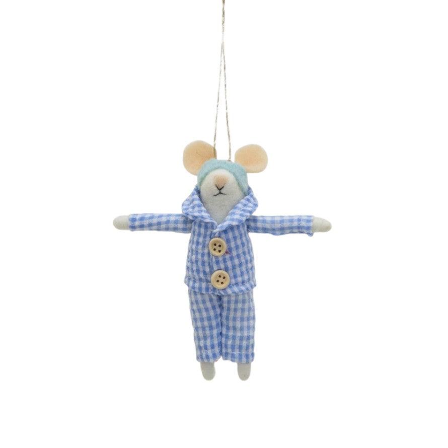 Handmade Wool Felt Mouse in Pajamas/Towel Ornament - 4-3/4-in - Mellow Monkey