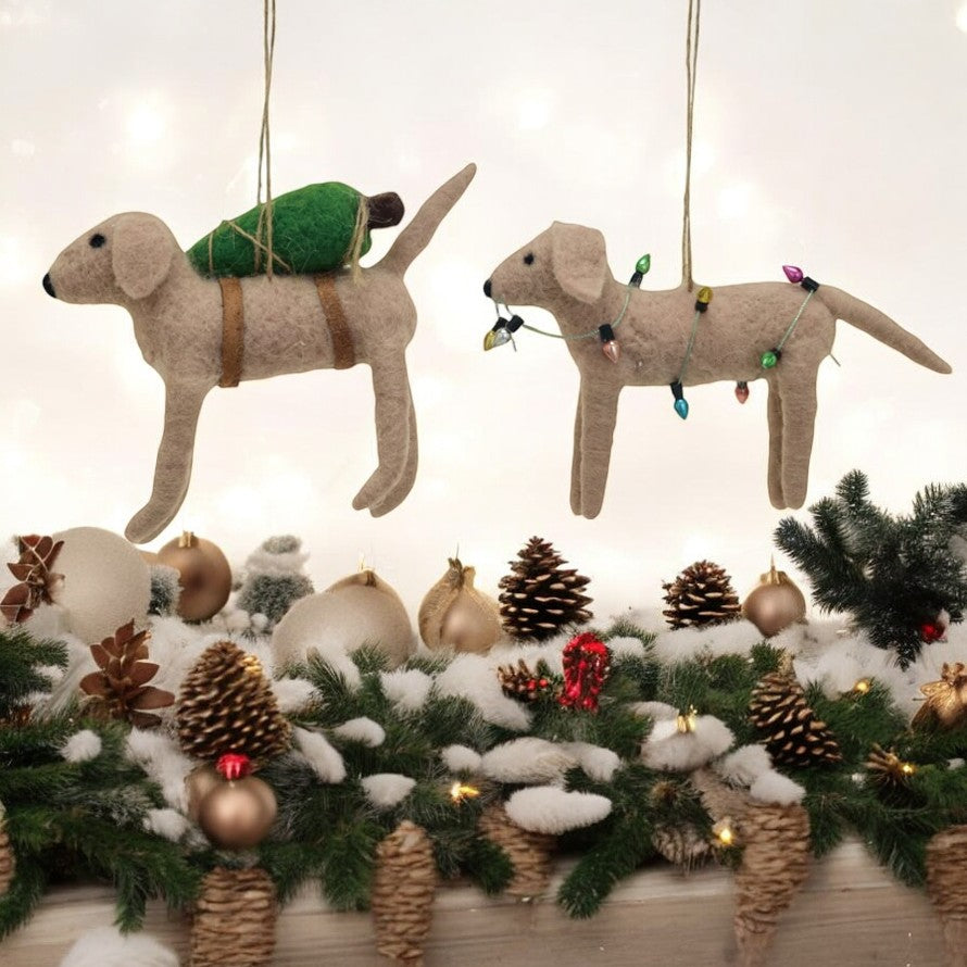 Handmade Wool Felt Dog Ornament with Tree/Lights - 5-in - Mellow Monkey