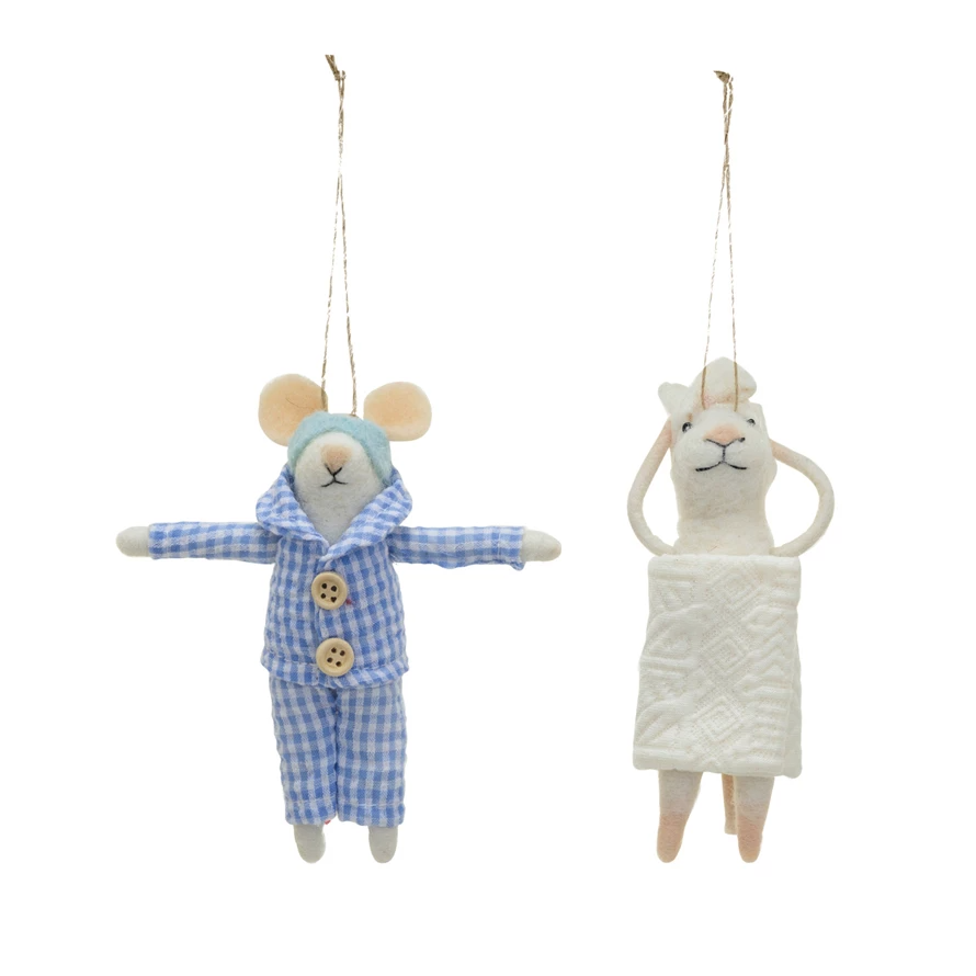 Handmade Wool Felt Mouse in Pajamas/Towel Ornament - 4-3/4-in - Mellow Monkey