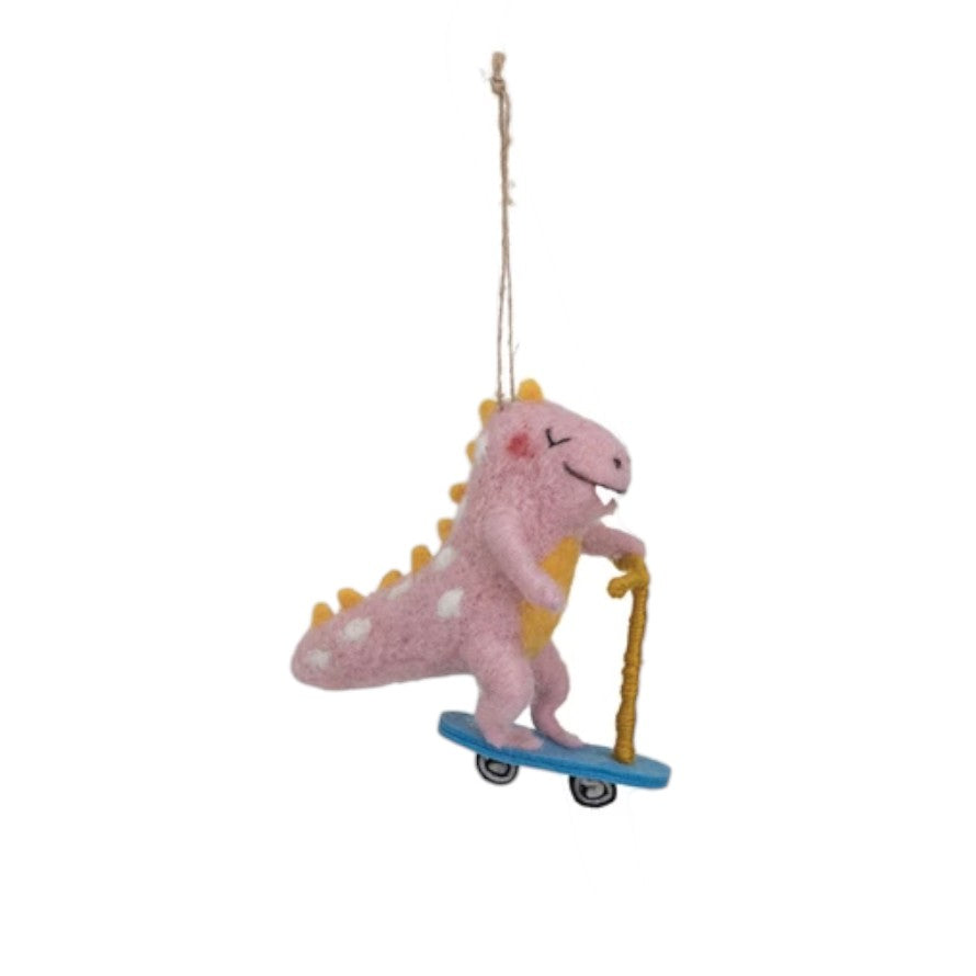 Handmade Wool Felt Dinosaur on a Skateboard/Scooter Ornament - 5-1/4in - Mellow Monkey