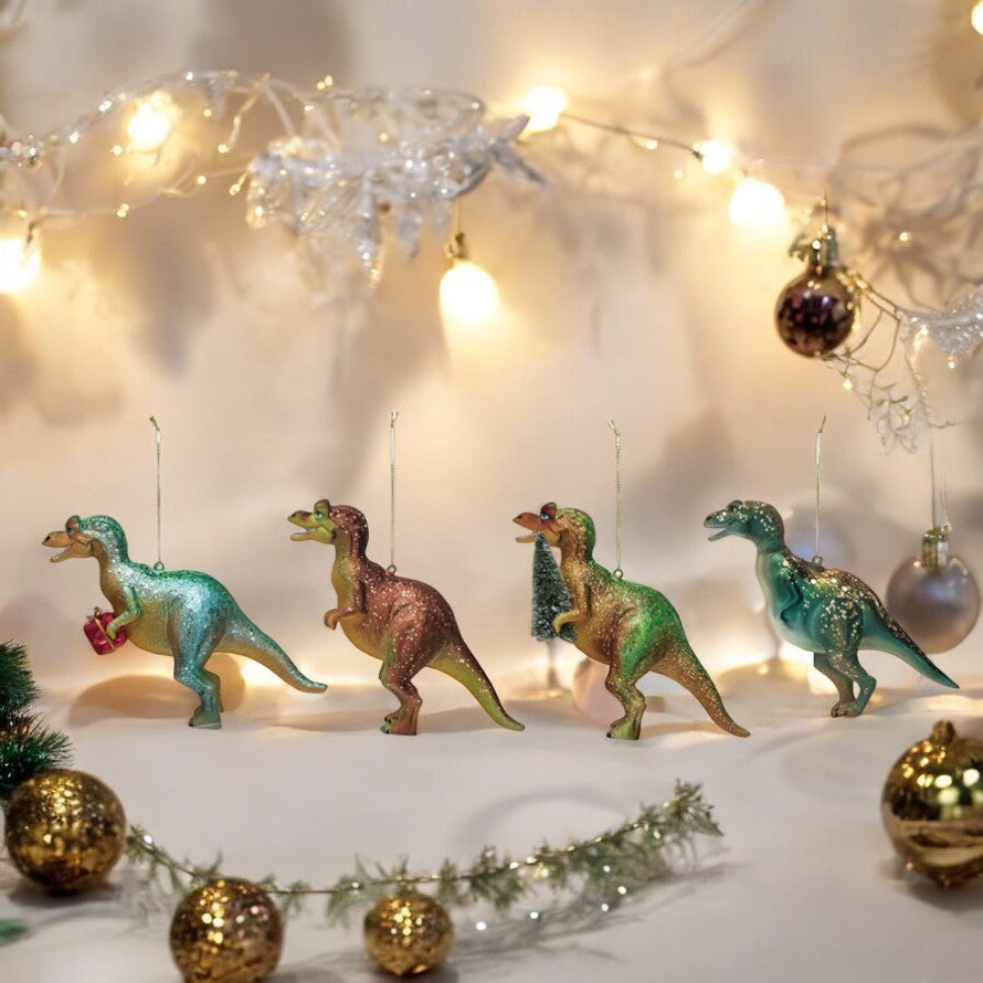 Glass & Resin Festive Dinosaur Ornament - 5-1/2-in - Mellow Monkey