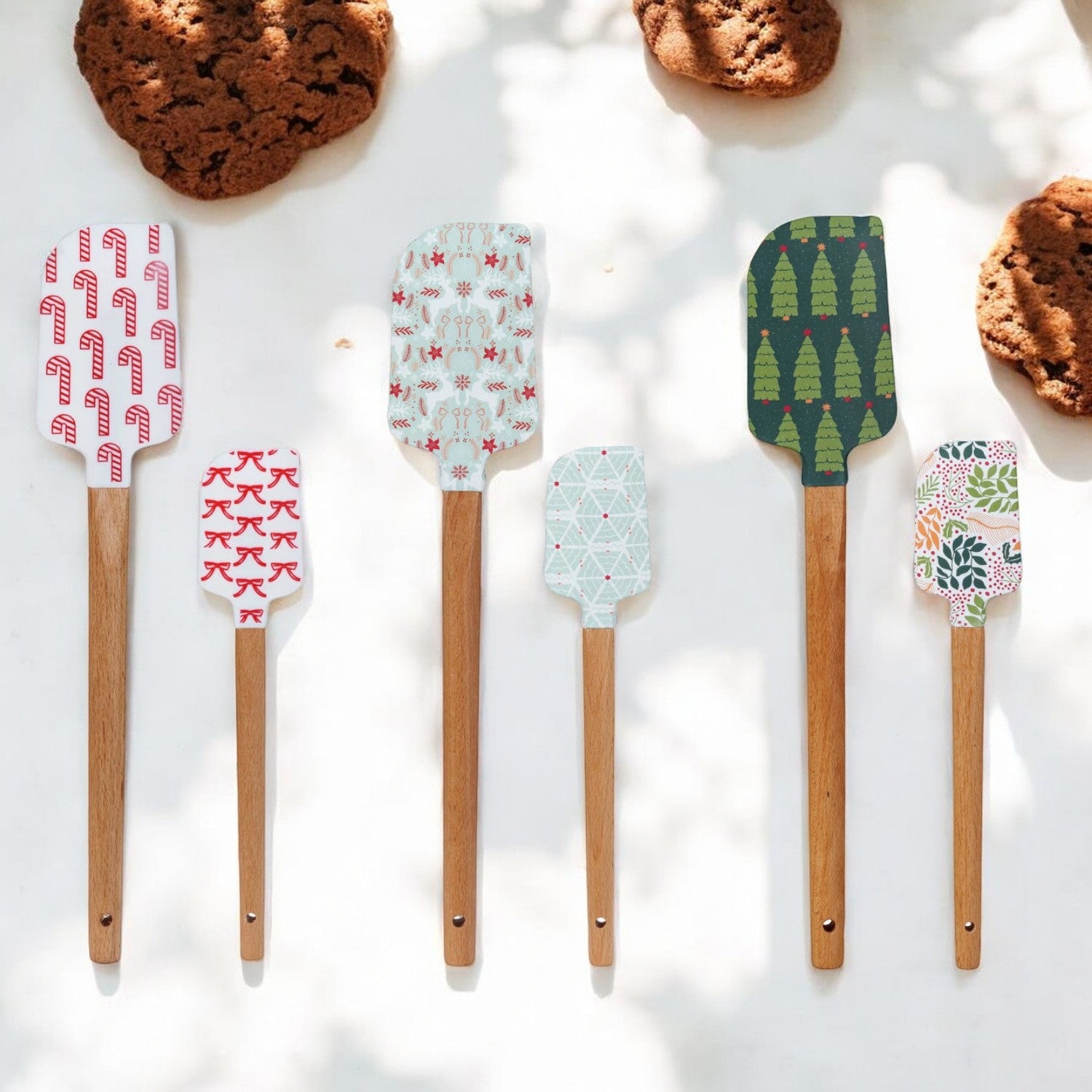 Holiday Pattern Silicone and Wood Spatulas - Set of 2 Sizes - Mellow Monkey