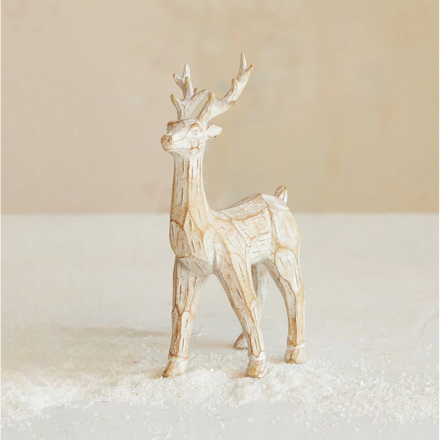 Resin Standing Deer - Whitewashed Carved Wood Finish - 6-1/2-in - Mellow Monkey