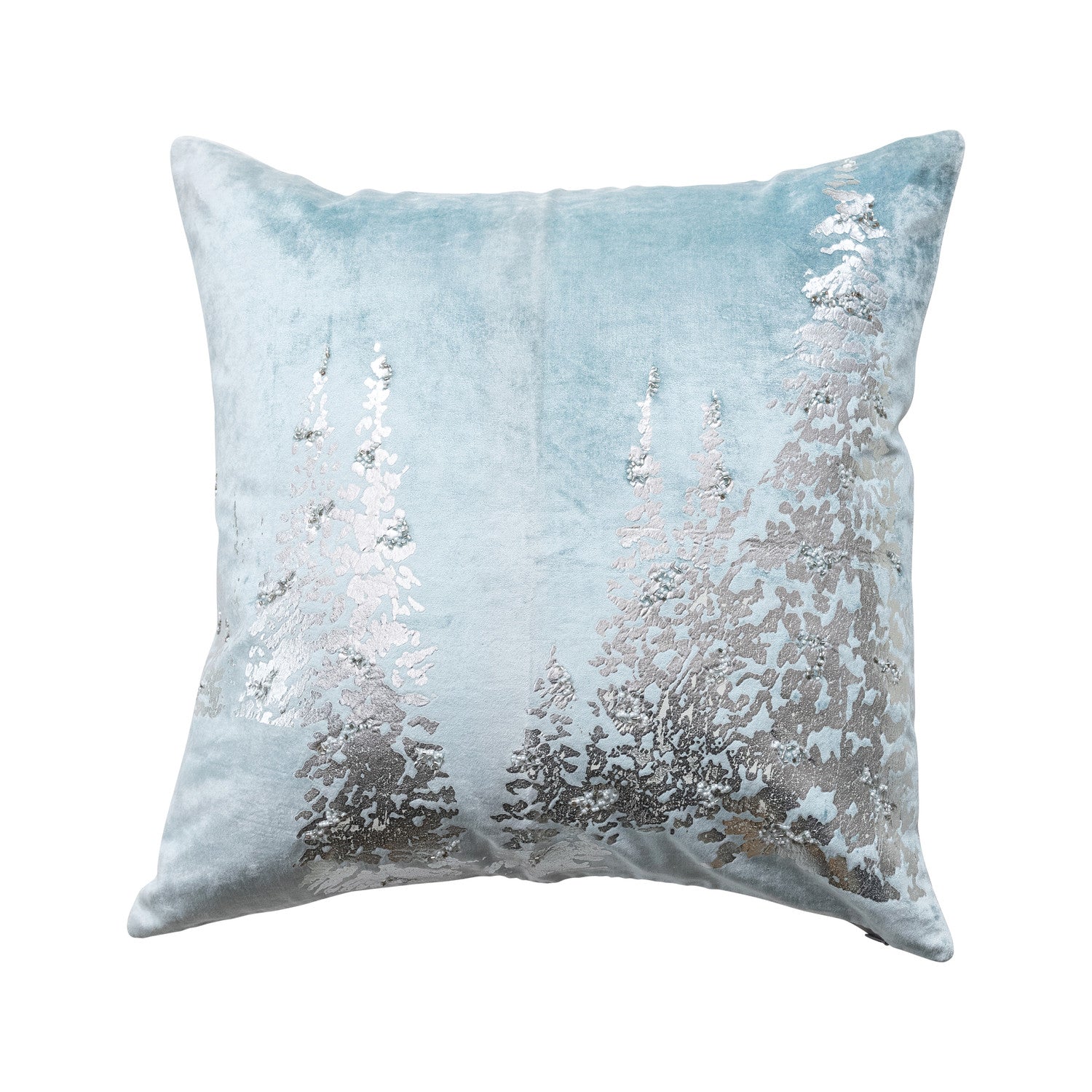 Blue Velvet Printed Pillow with Silver Foil Trees & Beads - 20" Square - Mellow Monkey