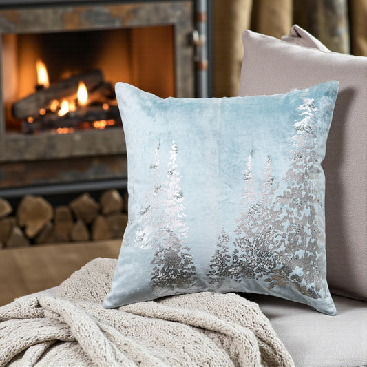 Blue Velvet Printed Pillow with Silver Foil Trees & Beads - 20" Square - Mellow Monkey