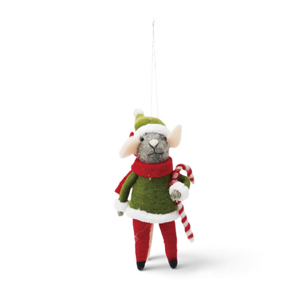 Mellow Monkey handmade wool felt mouse ornaments in red and green elf and Santa costumes for holiday decor.