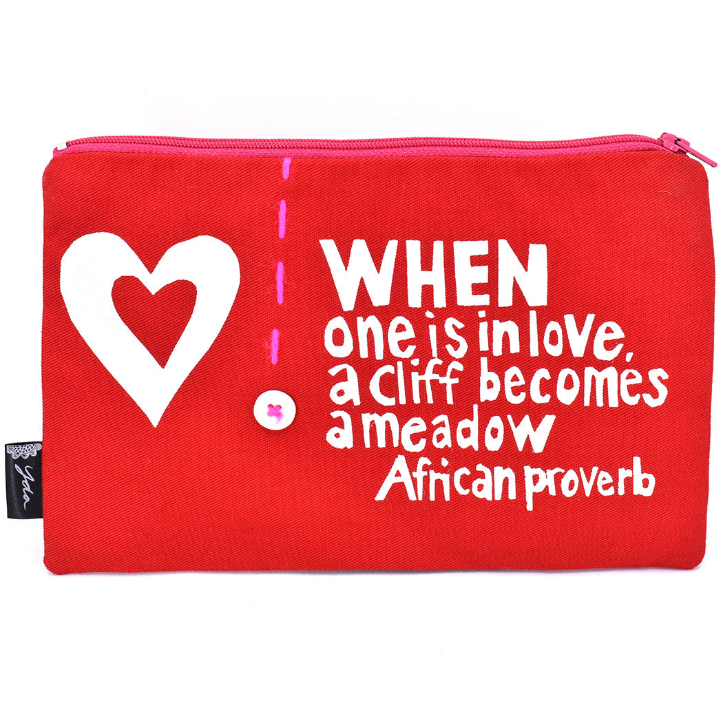 When One Is In Love, A Cliff Becomes A Meadow (African Proverb) - Zippered Purse Pouch - Red 8-in - Mellow Monkey