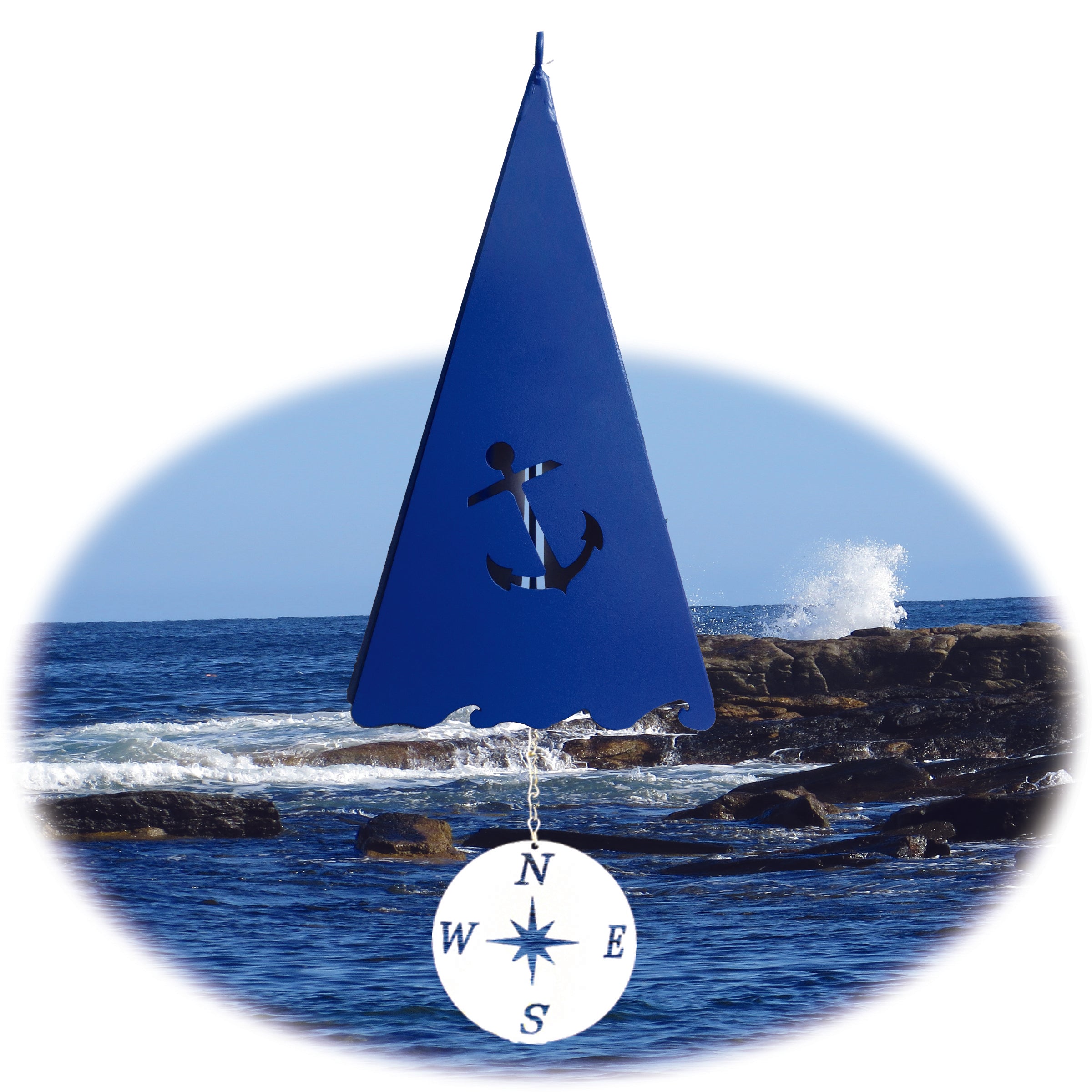 North Country Bells - Sea Anchor Bell Hammertone Blue with White Anchor  Windcatcher - 11-in