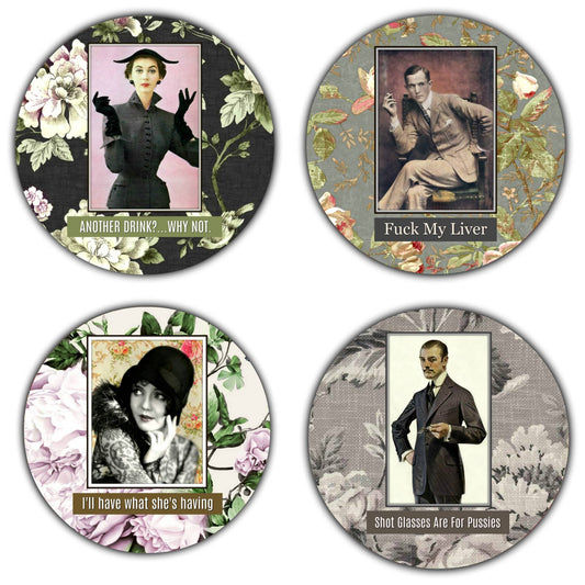 Set Of Four Drink Coasters - Another Drink? Why Not - Fuck My Liver - I'll Have What She's Having - Shot Glasses Are For Pussies - Mellow Monkey