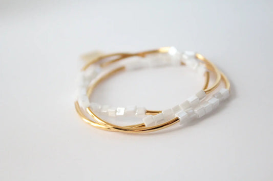 Triple Wrap Bracelet - Gold and White Square - Mellow Monkey