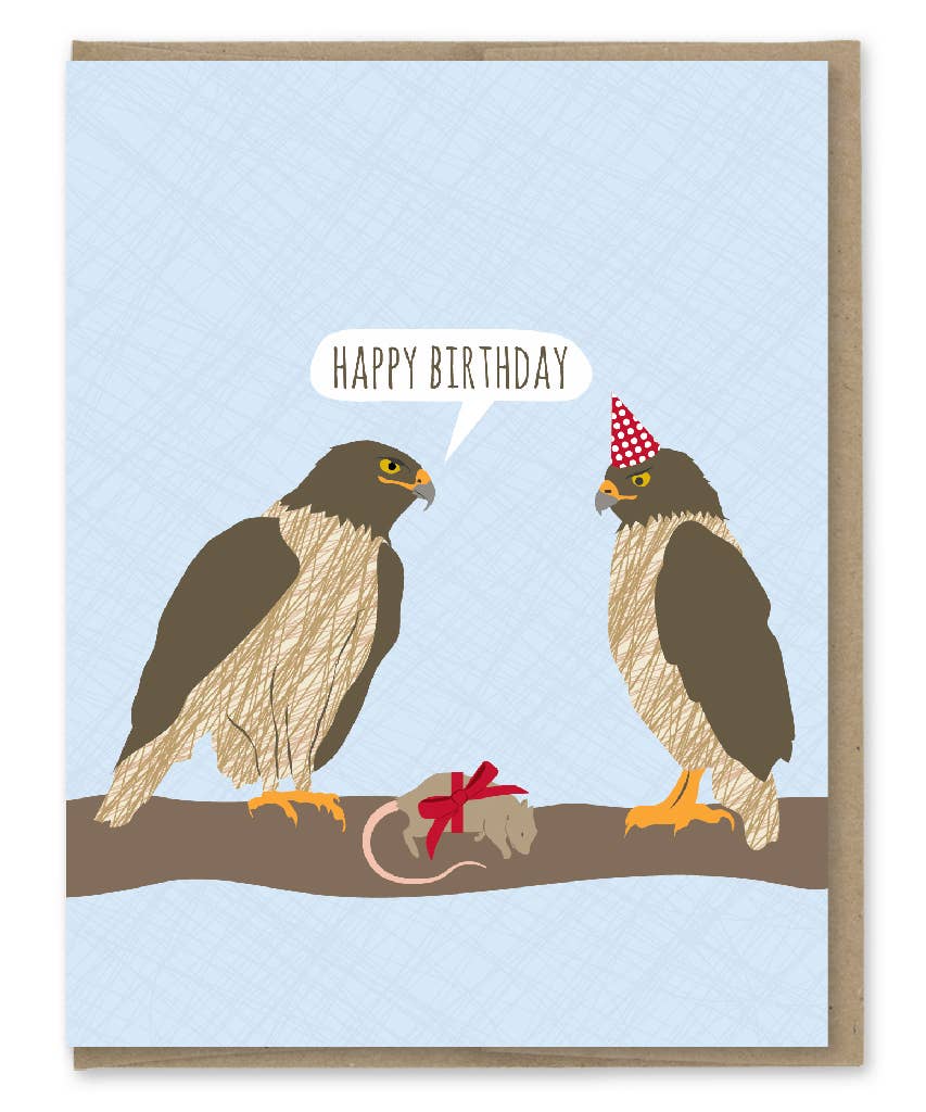 Hawks Happy Birthday - Dead Mouse Present - Birthday Greeting Card - Mellow Monkey