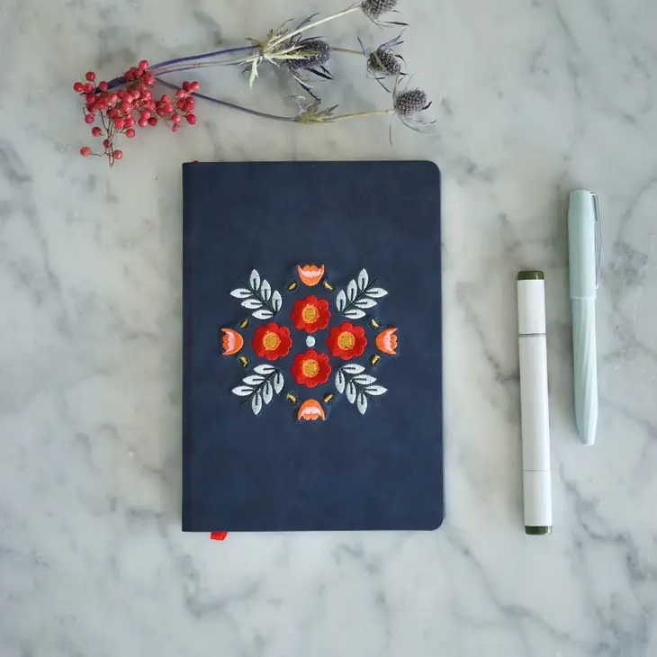 Denik NBPOUCH550 Evelynn Zipper Vegan Suede Notebook Pouch, 2 X 6.5, Blue  With Embroidered Flower